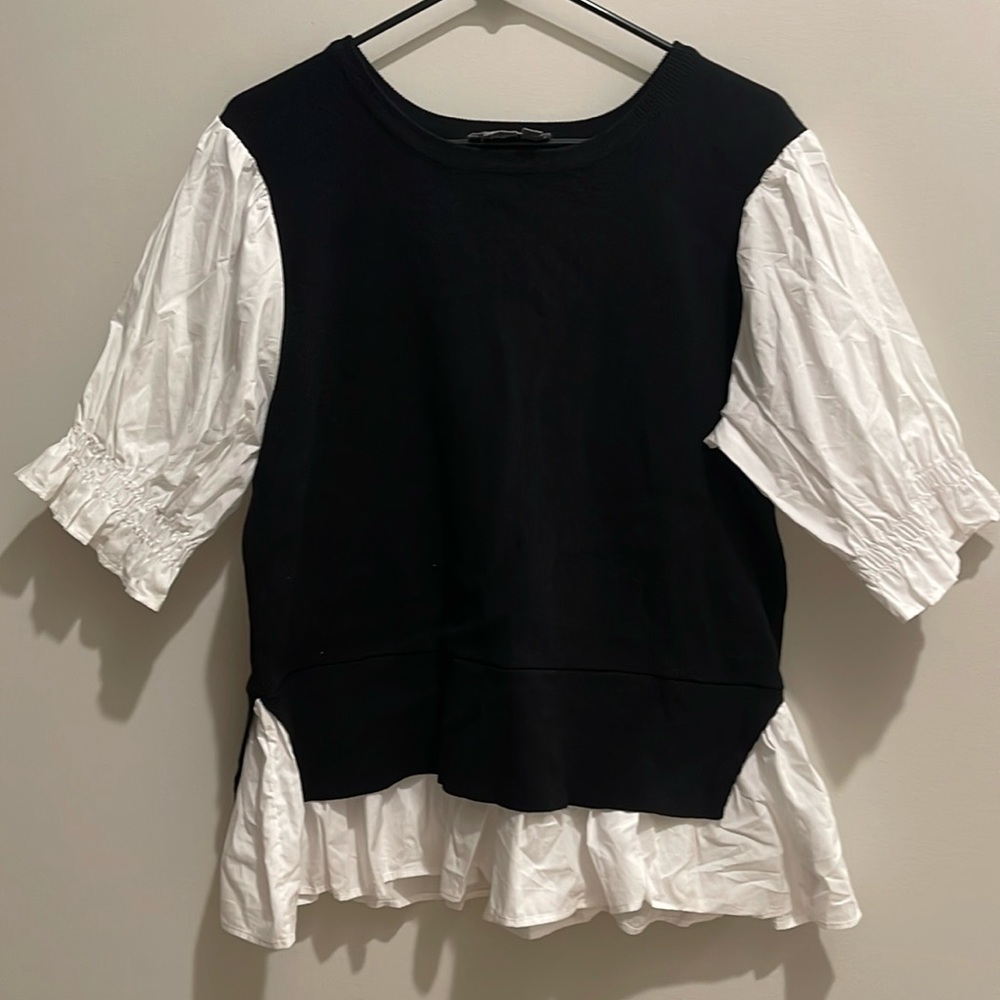 Anthropologie Black & White Layered Puff-Sleeve Top